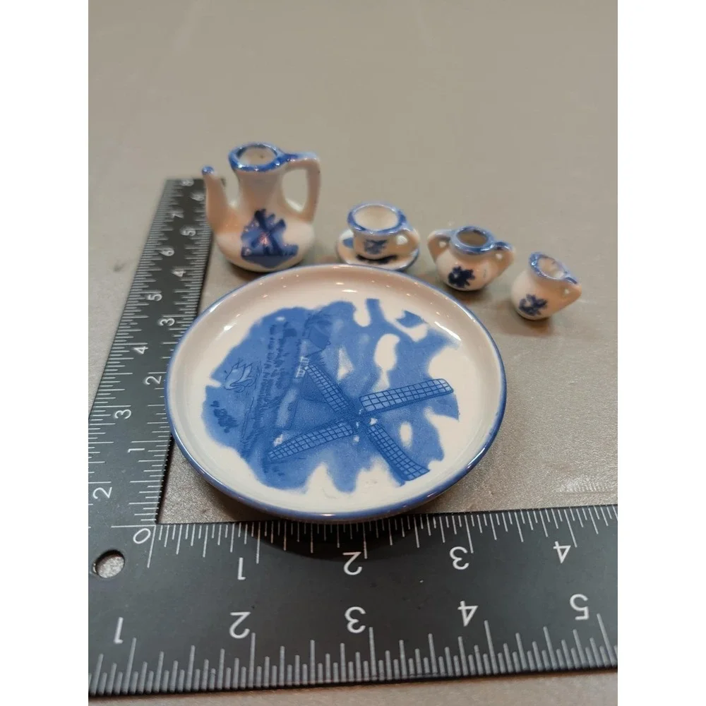 Vintage Miniature Windmill Tea Set 6 Piece Porcelain Dollhouse Nobel Hall Blue